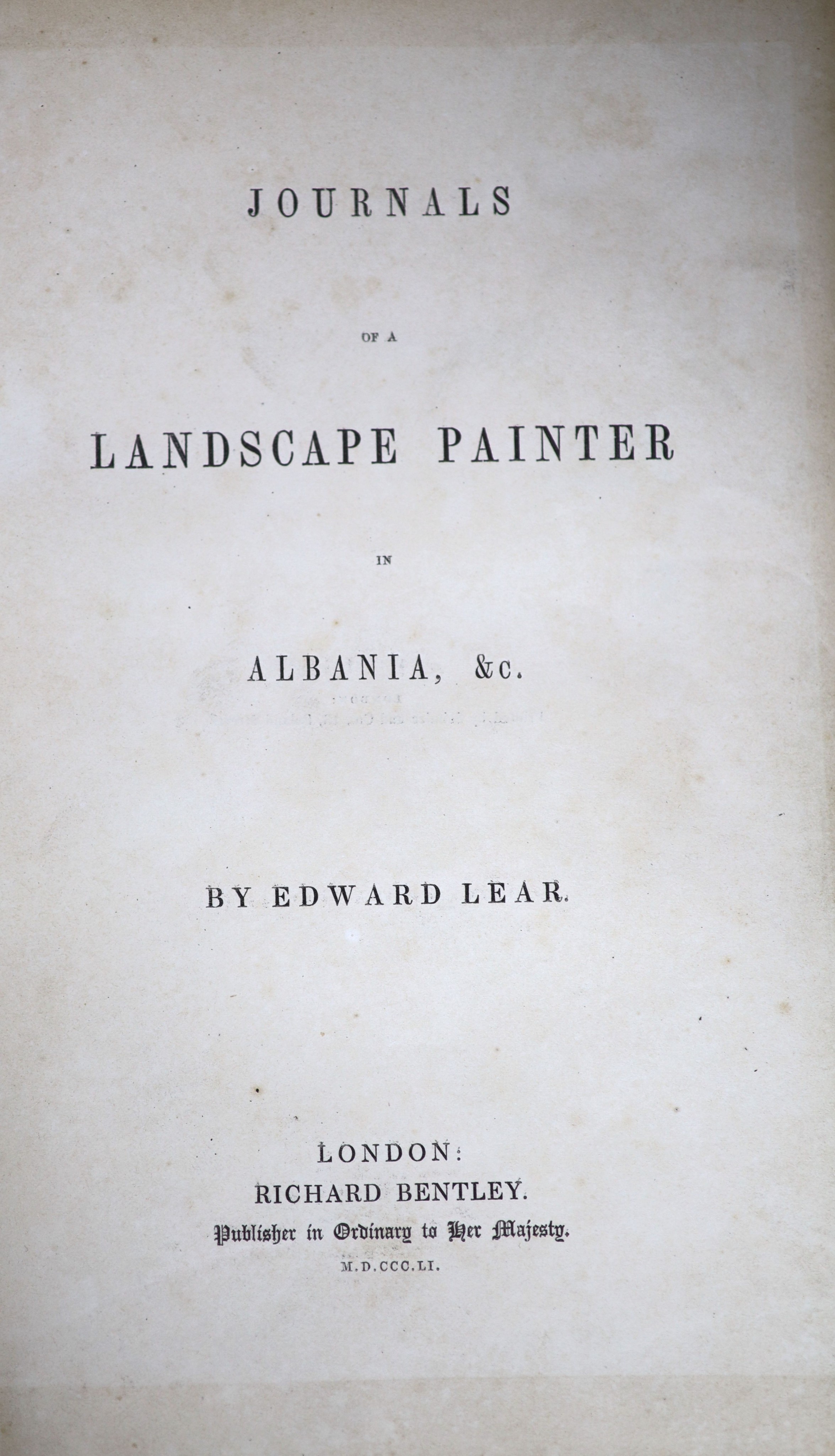 Lear, Edward - Journals of a Landscape Painter in Albania, 1st edition, original blind stamp blue cloth, gilt titles, spine bumped, tear to upper front hinge, with litho map and 20 tinted litho plates, Richard Bentley, L